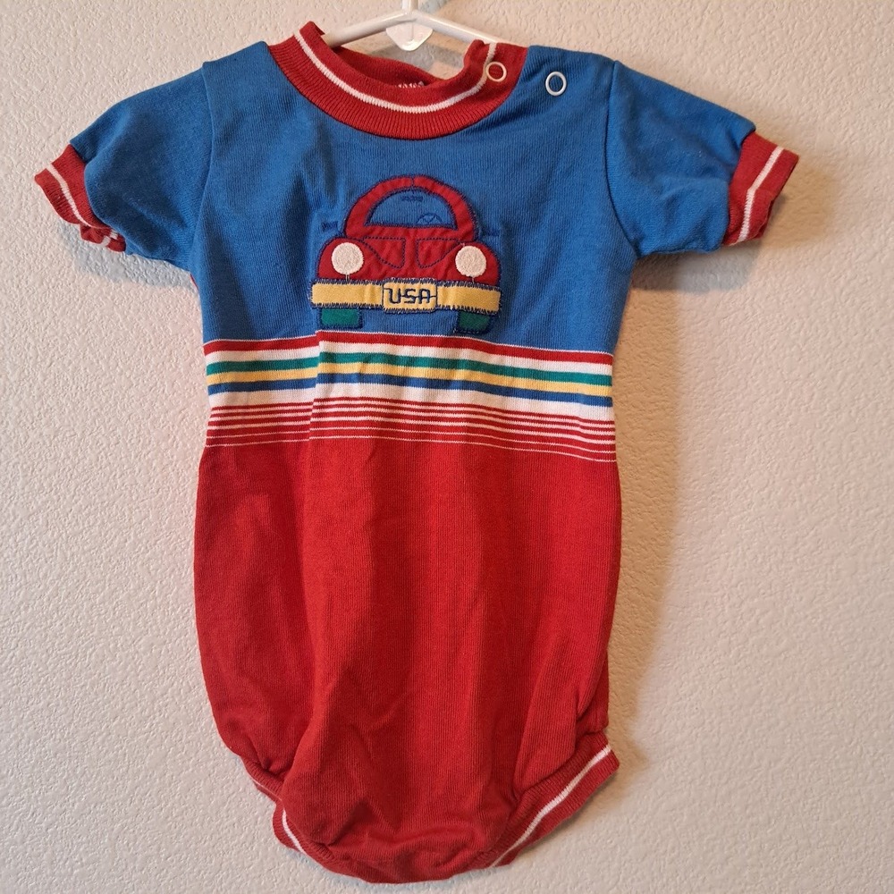 Vintage Health-tex Baby Romper Red Blue VW Bug Car USA 12 Months Made‎ in USA